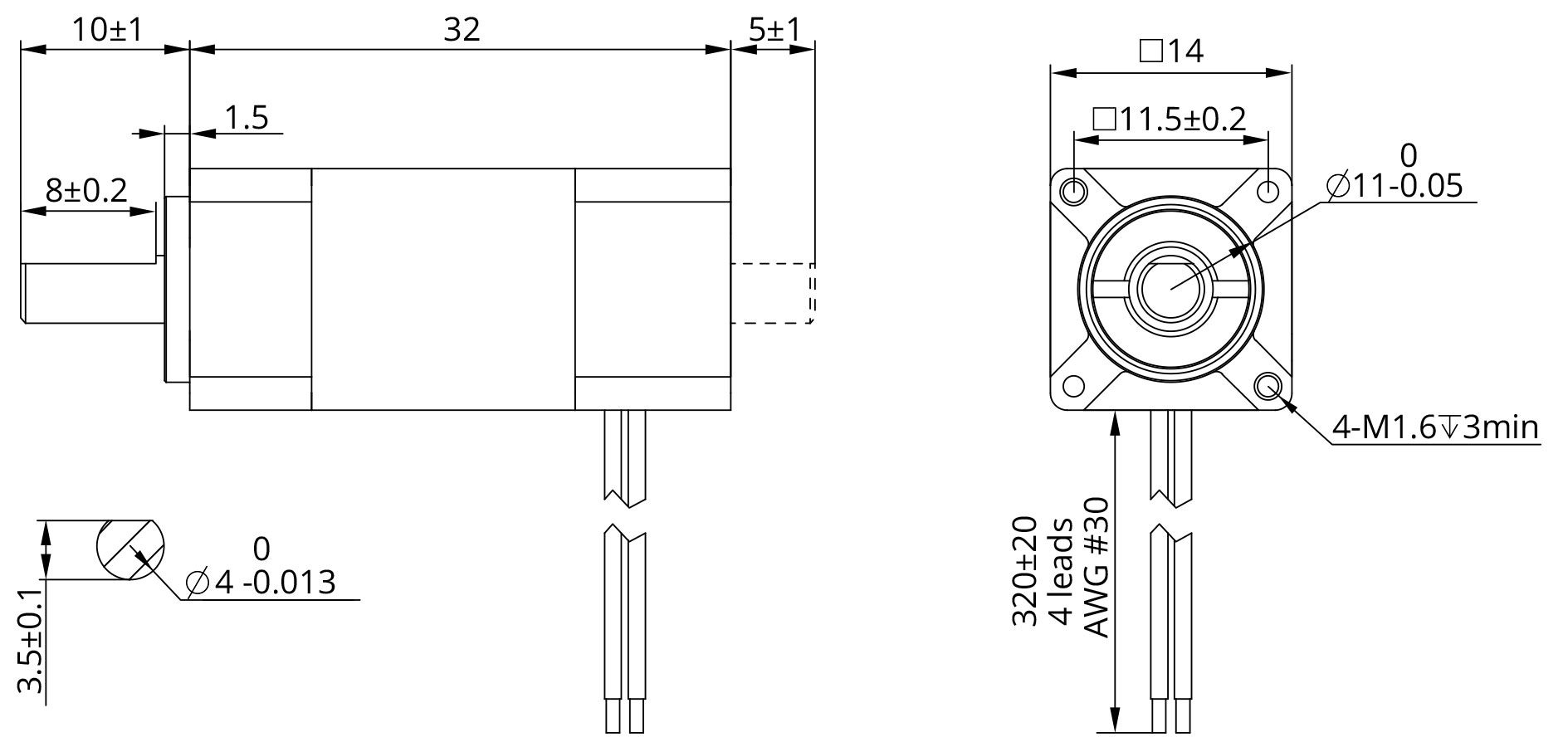 Dessin dimensionnel du moteur pas à pas hybride Taille 6 (14mm)