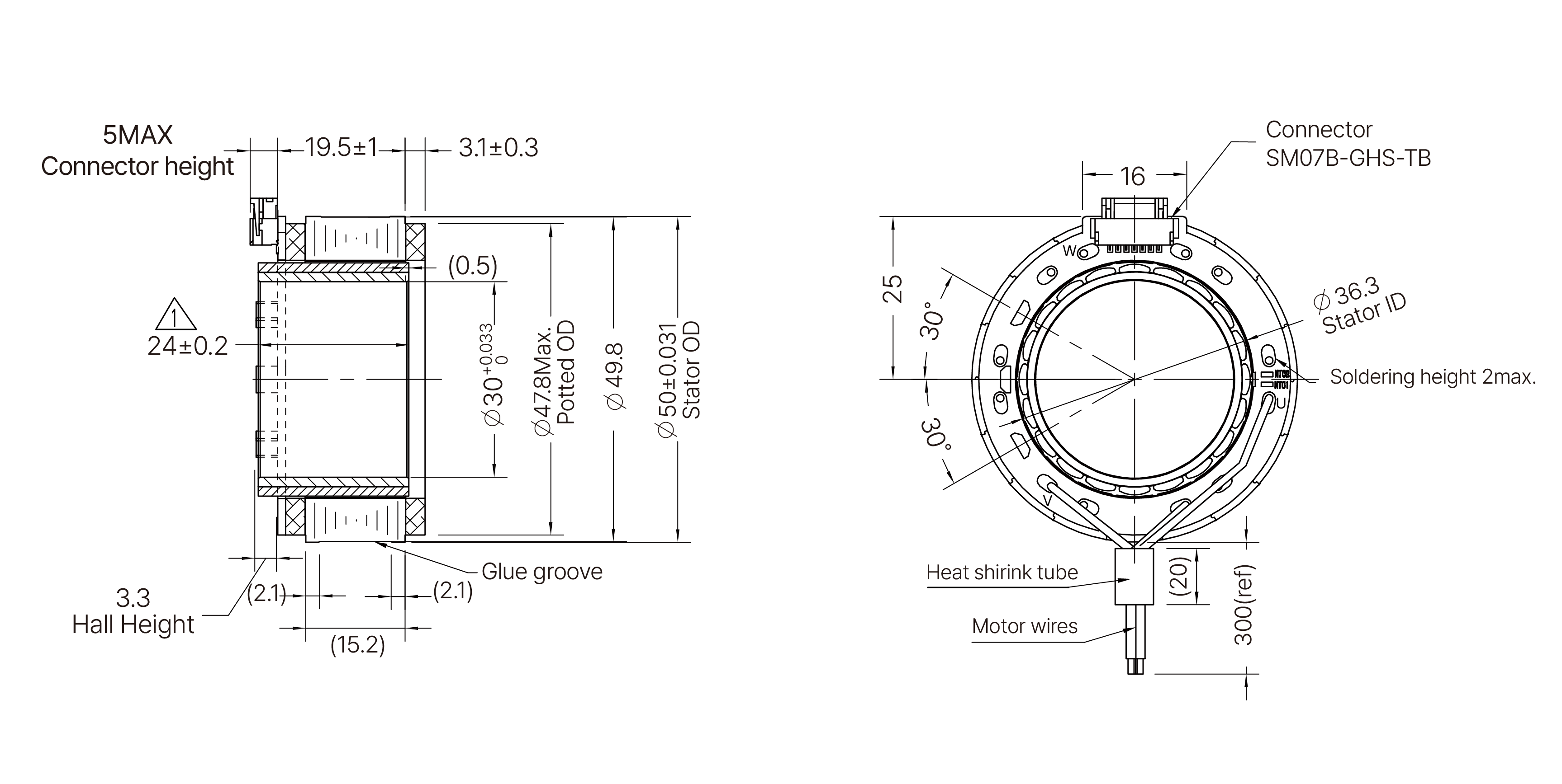 Frameless Motor Size 50mm Dimensional Drawing