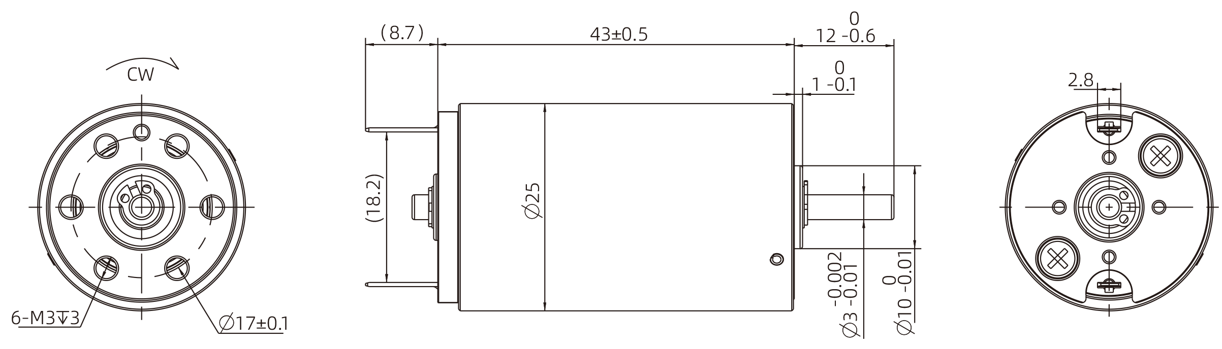 Brushed Coreless DC Motor Size 25mm Dimensional Drawing